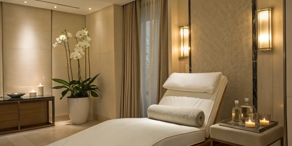 A serene, modern room set up for popular aesthetic treatments.