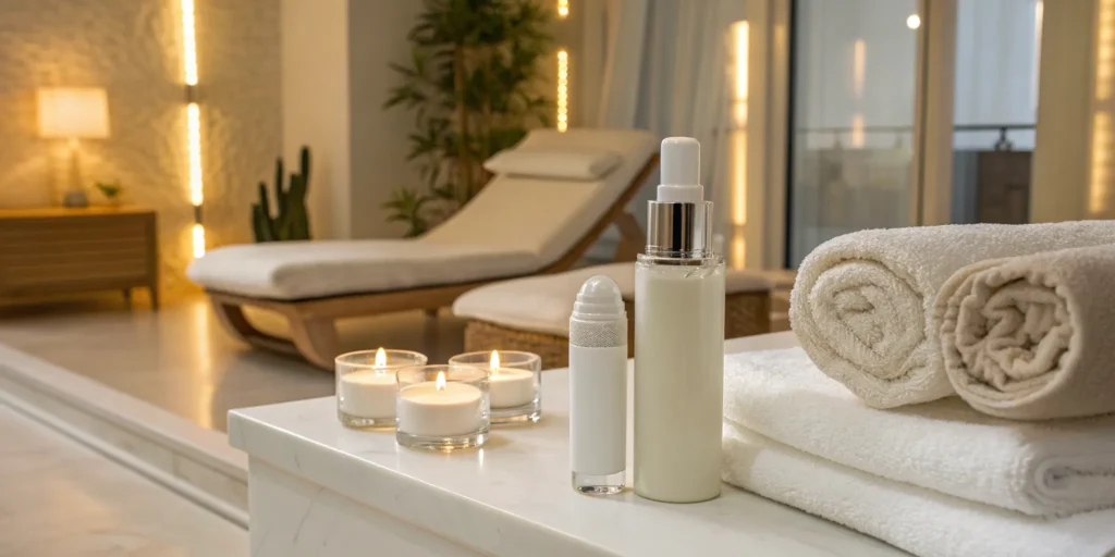 A serene treatment room with products for advanced skin rejuvenation.