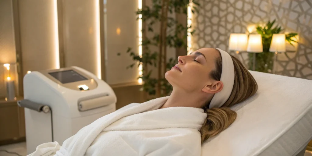 Woman receiving a gentle Advalight laser treatment for acne.