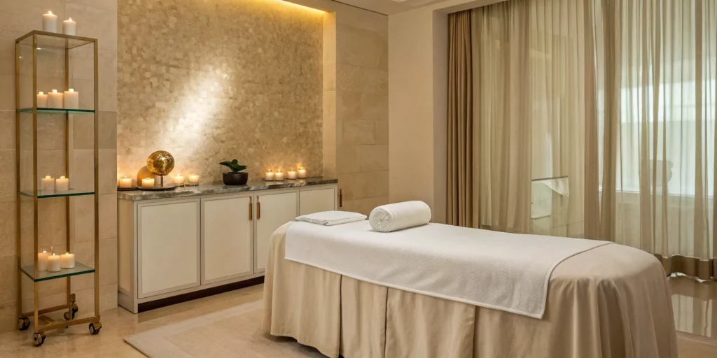 A high-end med spa room, a key factor in the overall aesthetic treatment cost.