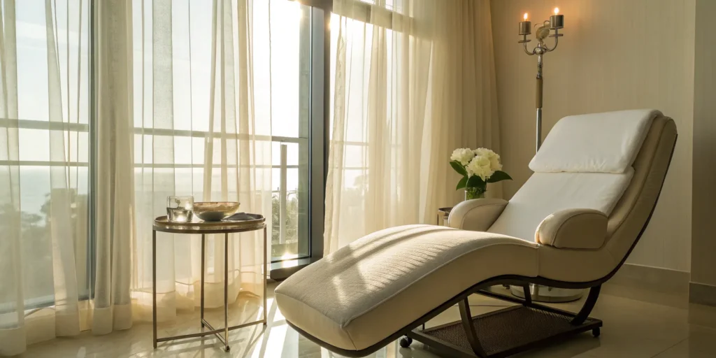 A professional treatment room chair for a patient receiving dermal fillers for Ozempic face.