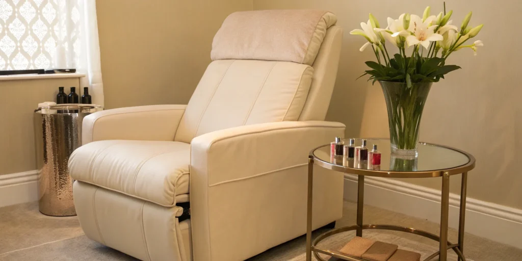 A relaxing spa chair in a clinic offering long-lasting lip filler treatments.