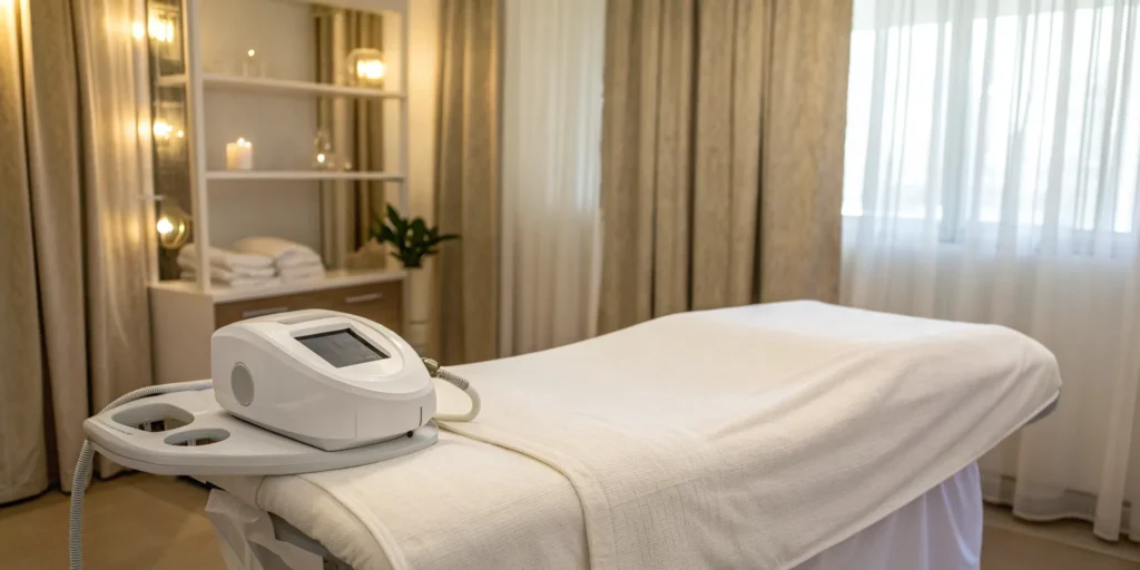 Aesthetic laser treatment machine in a clinic, prepared for a skin rejuvenation procedure.