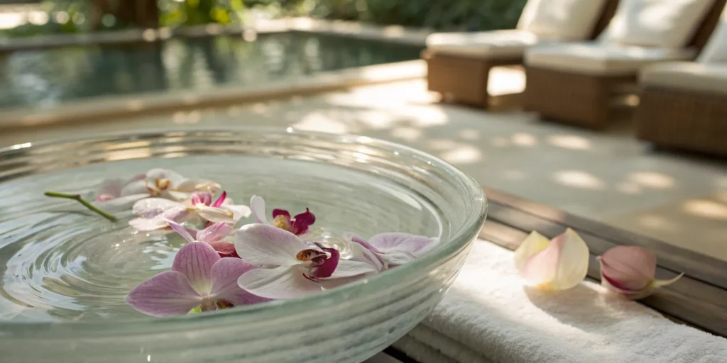 A spa bowl and orchids ready for a gentle wash with the best Korean facial cleanser.