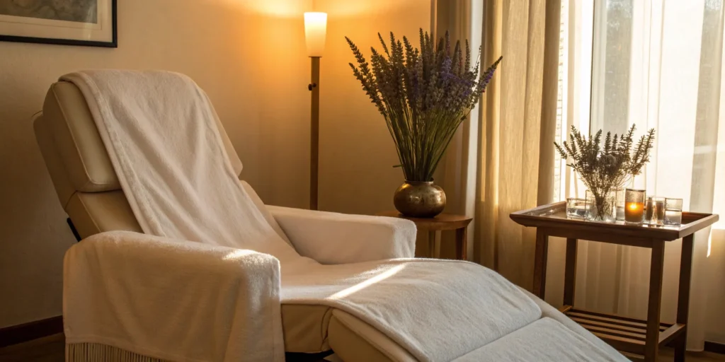 A serene treatment room where a woman considers if she can get lip fillers while pregnant.