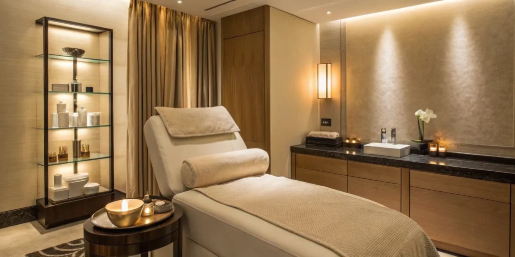 A professional treatment room prepared for a customized medical facial with advanced skincare products.