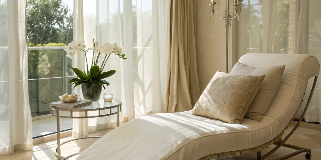 A serene, comfortable room for a patient recovering from Sculptra injections.