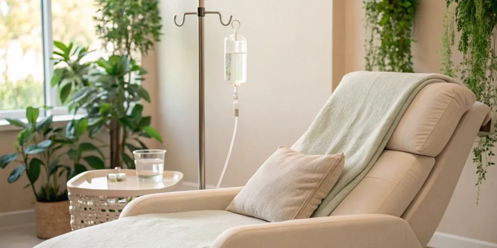 NAD IV therapy drip setup next to a comfortable chair in a relaxing wellness clinic.