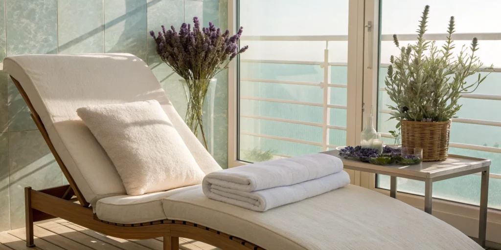 A comfortable treatment room with a plush chair prepared for a Sofwave session.