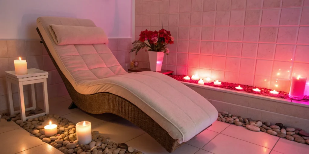 A lounge chair in a calm room with a red light therapy device for pregnancy wellness.