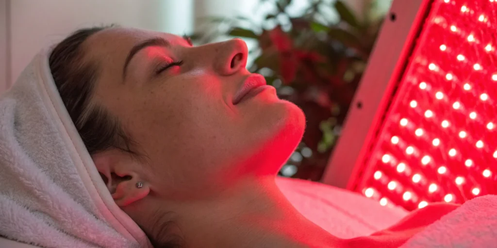 A woman determining how long to use red light therapy on her face.