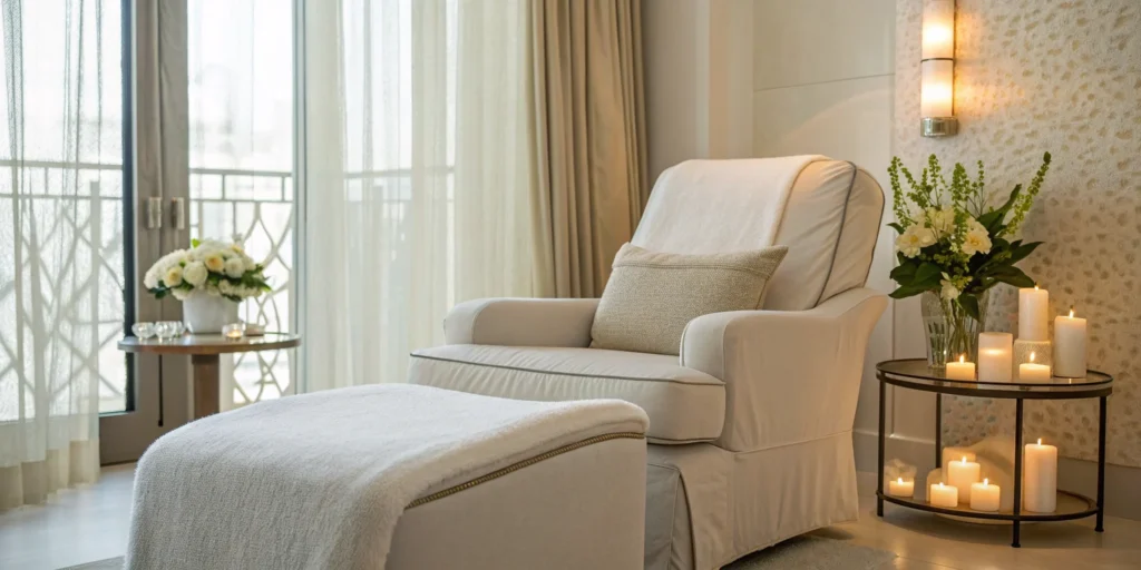 Plush armchair in a clinic for a consultation about dermal filler cost.