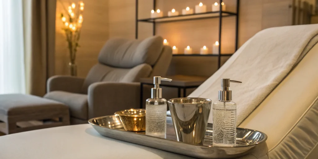 Professional skincare products prepared for a collagen stimulating treatment in a clinic.