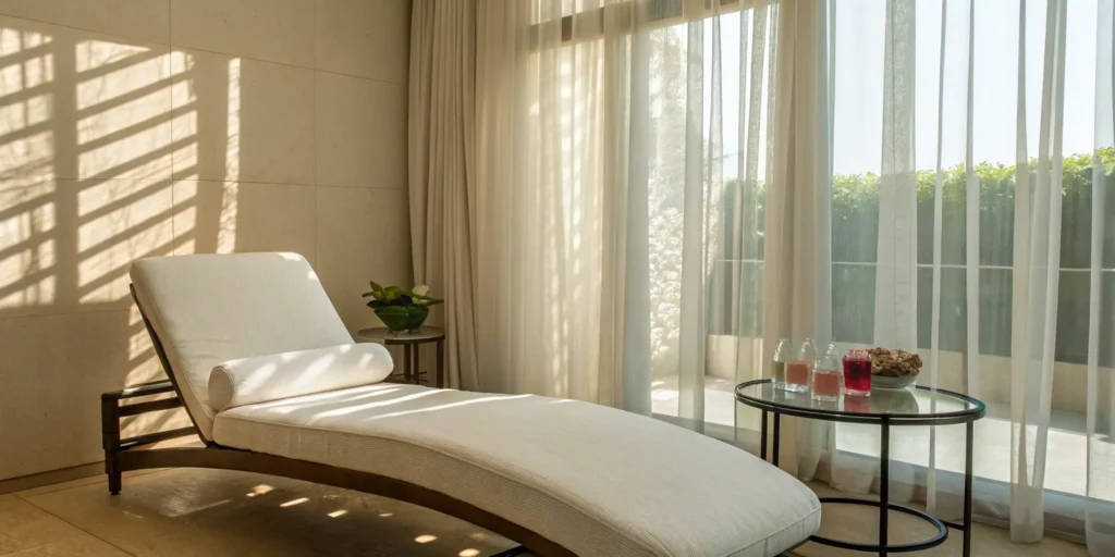 A sunlit room with a lounge chair, a calm setting for injectable vitamin therapy.