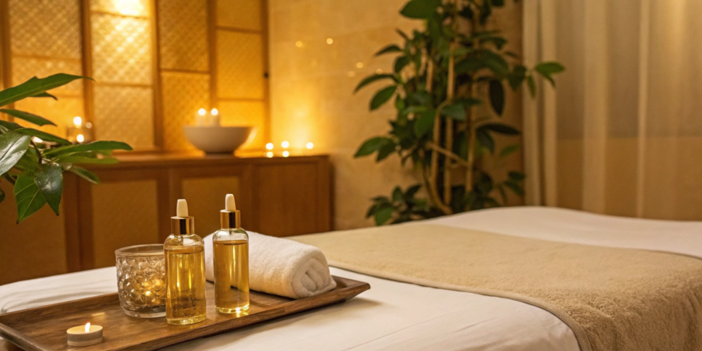 Relaxing spa setting prepared for a microneedling with PRP treatment to achieve glowing skin benefits.