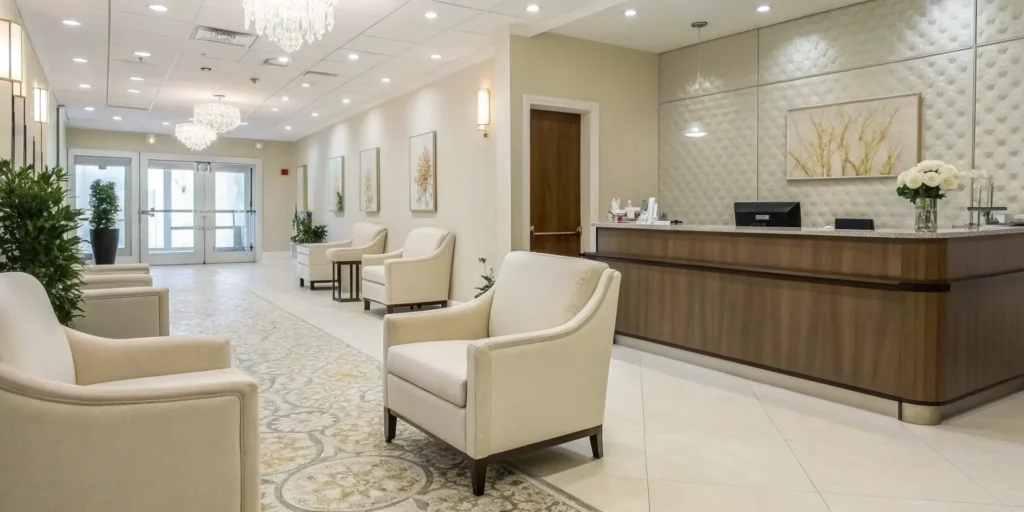 The welcoming lobby of a modern cosmetic injectables center with elegant seating and a reception desk.