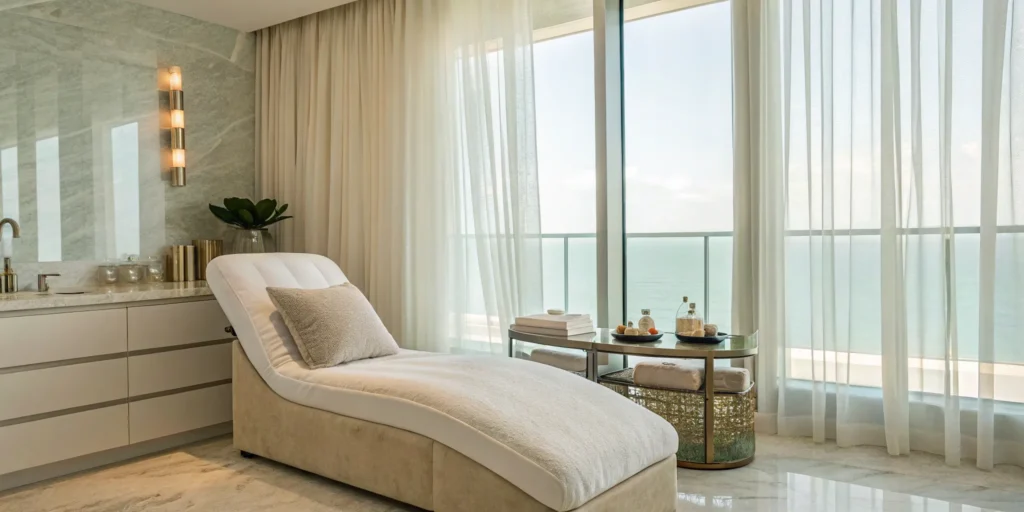 A modern clinic room prepared for non-invasive anti-ageing treatments.