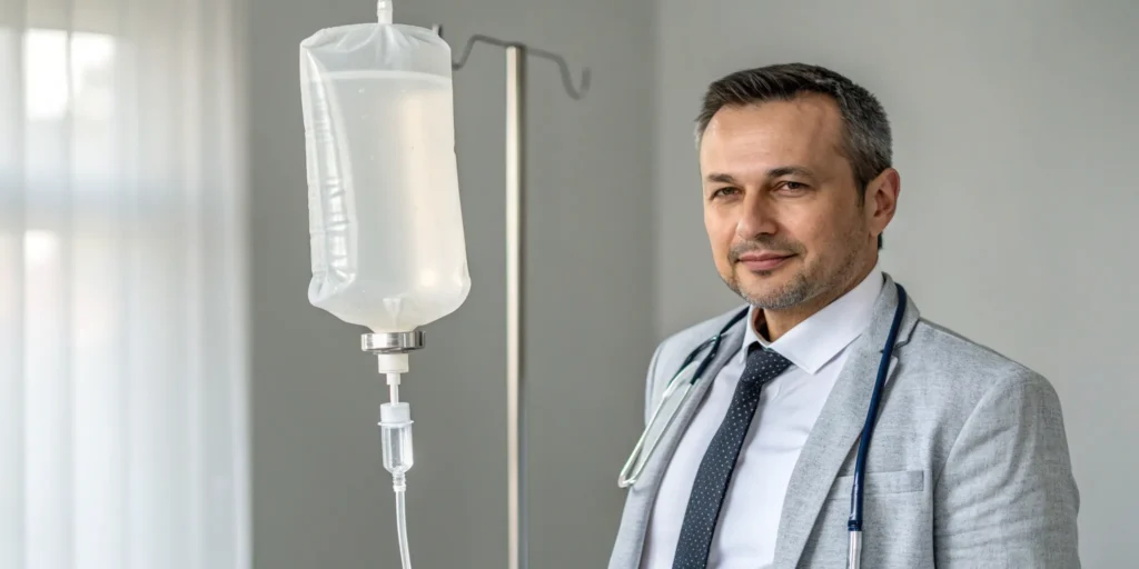 Patient receiving an energy boost IV drip in a wellness clinic.