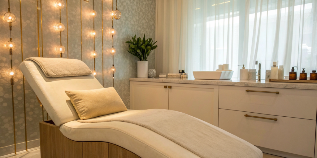 A modern med spa room prepared for a Radiesse treatment to restore long-lasting facial volume.