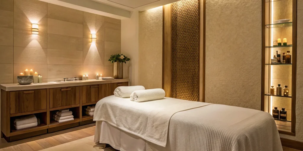 Spa treatment room with a bed and towels set up for a VI chemical peel.