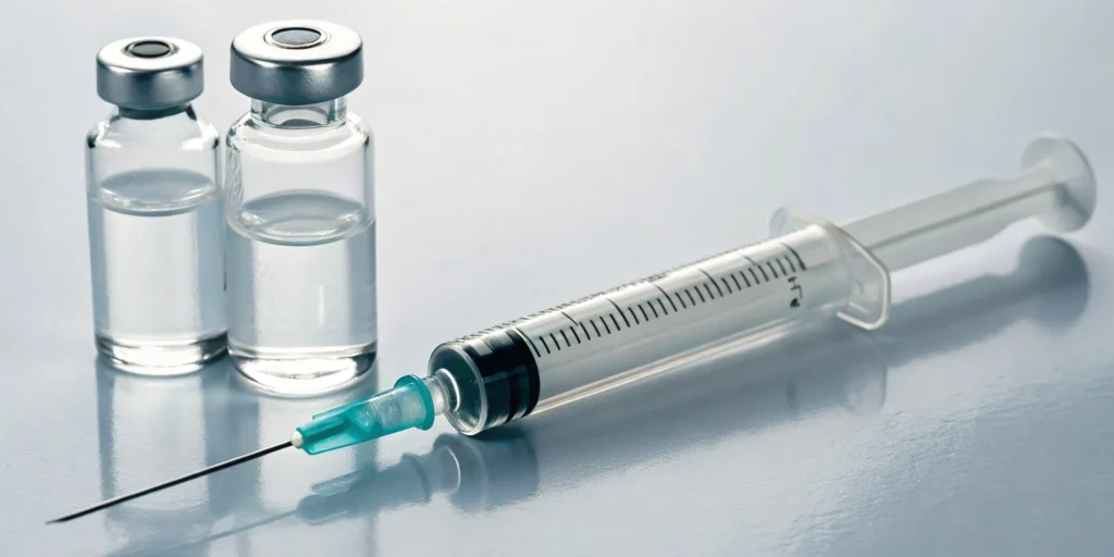 A syringe and vials for Kybella injections, a non-surgical treatment for double chin.