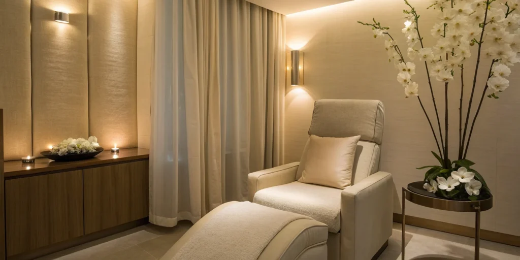 A comfortable clinic room with a treatment chair for a high cheekbone filler appointment.