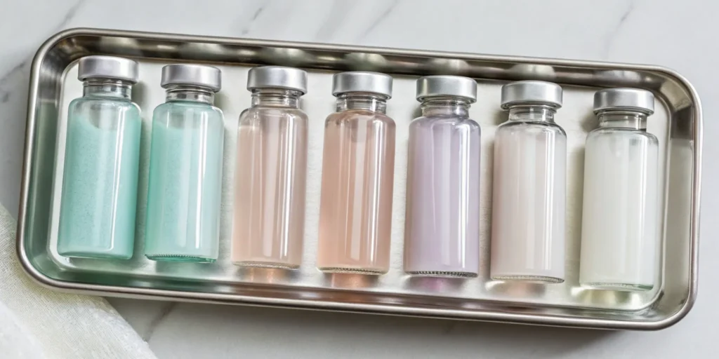 Different types of cosmetic injectable treatments in vials on a medical tray.