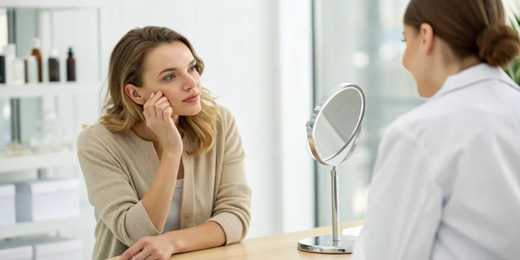 Woman considering if cheek fillers are worth it during a professional consultation.