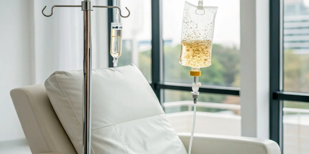 A person relaxing in a chair while receiving an IV drip energy booster.