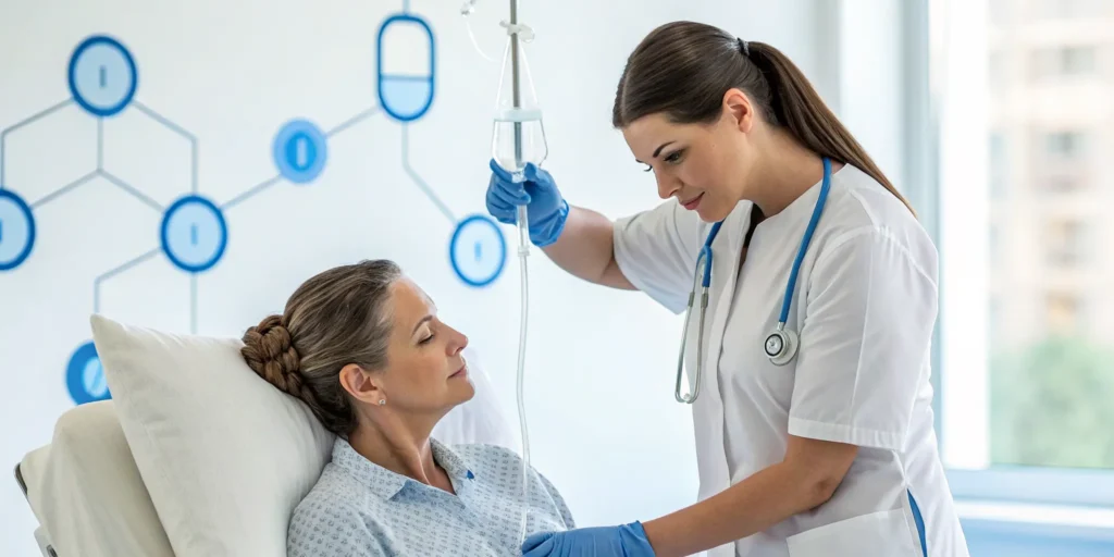 Patient receiving IV therapy and learning how long the treatment effects last.