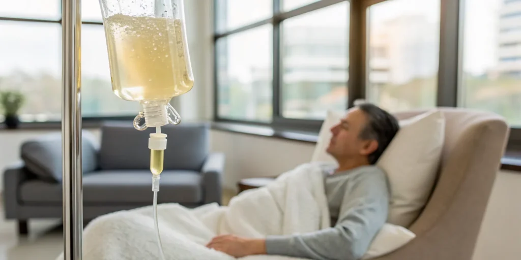 Patient receiving an IV therapy treatment for an immune boost in a clinic.