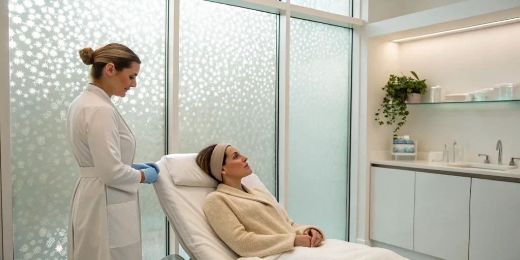 Patient discussing PDO threads with a specialist at a laser clinic.