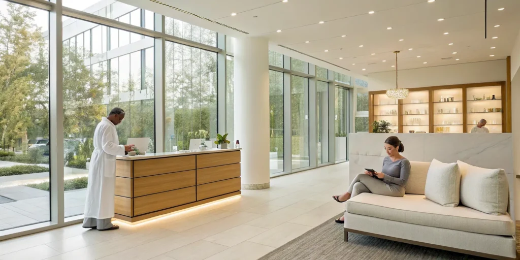 Welcoming staff in the modern lobby of a Sewickley med spa near Aliquippa.