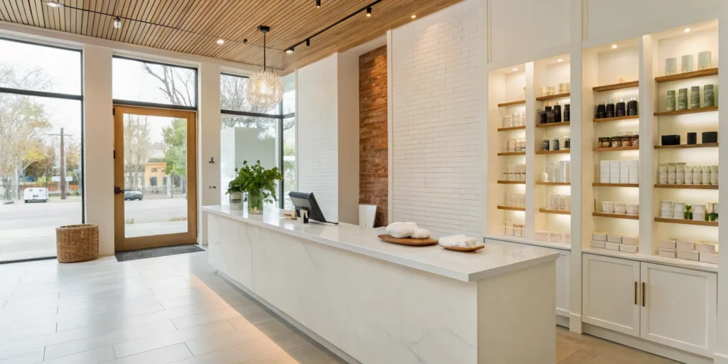 Elegant reception at a modern Sewickley med spa with skincare products on display.