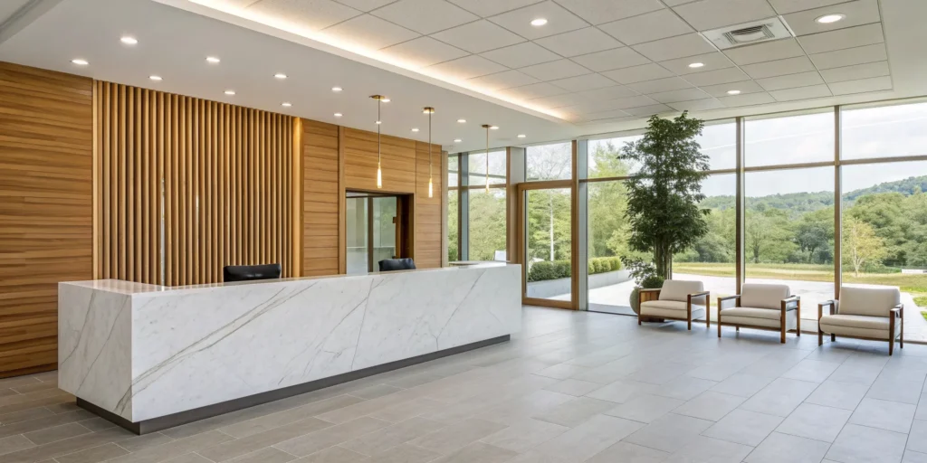 Modern reception of the Sewickley med spa in Aliquippa, PA with a marble desk.