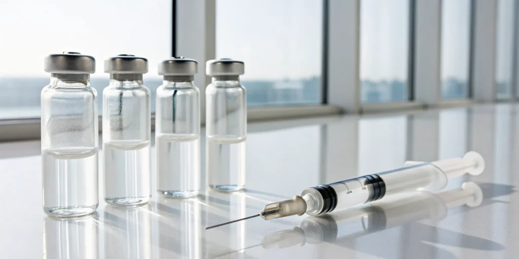 Vials of neurotoxins and a syringe for the best aesthetic wrinkle treatments.
