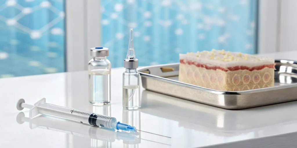 Dermal filler vials and syringe on a tray, addressing the safety of fillers and cancer risk.