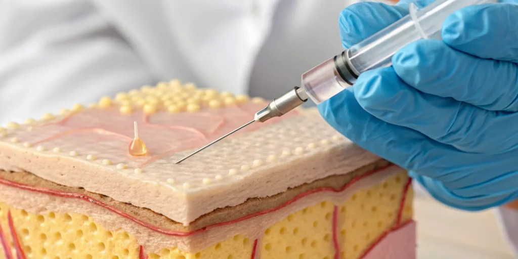 Close-up of a Sculptra injection stimulating collagen production.