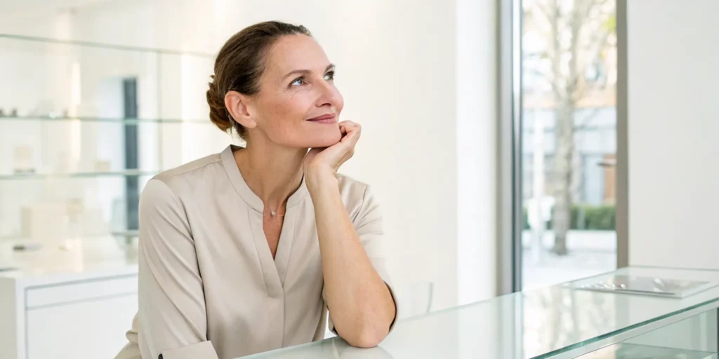 Woman with glowing skin enjoying the long-lasting results from her laser skin rejuvenation.
