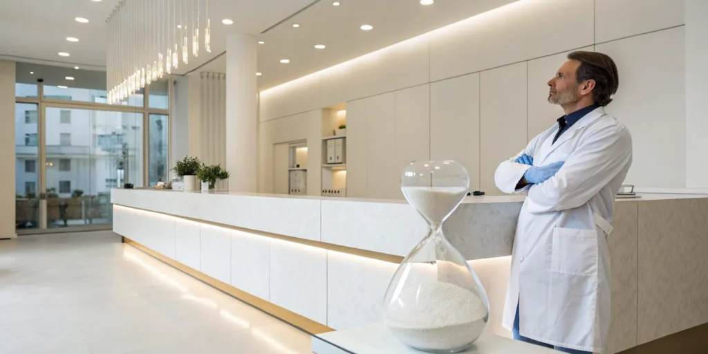 A doctor in a clinic answers the question of how long skin tightening treatments last.