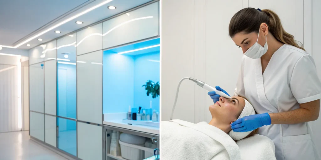Aesthetician performing a medical facial treatment on a patient for targeted skin correction.