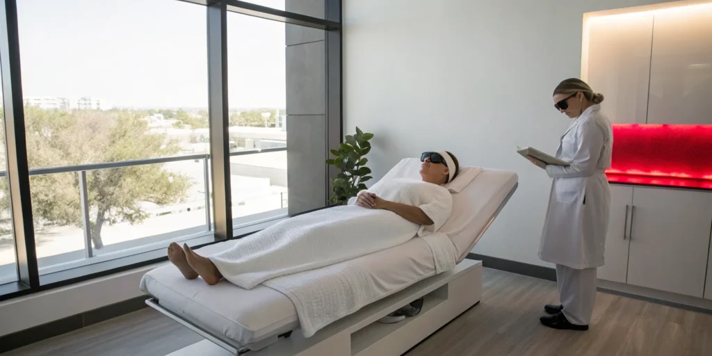 Client receiving a professional red light therapy treatment in a Sewickley, PA med spa.