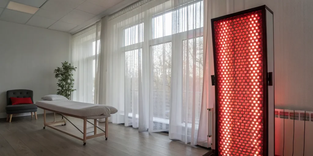 Red light therapy panel in a professional Sewickley treatment room.