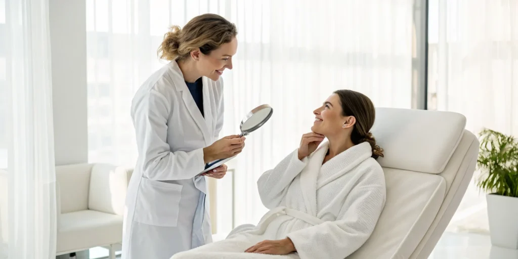 A skin care professional in a clinic discusses a treatment plan with a patient.