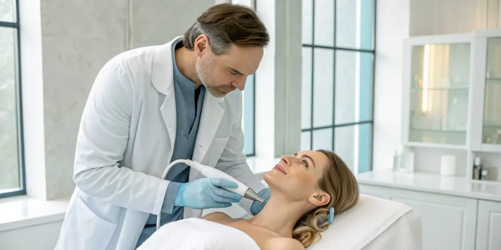 A woman receiving a Sofwave for facial tightening treatment in a clinic.