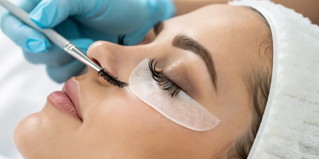 Close-up of a lash lift and tint being applied to curl and darken eyelashes.