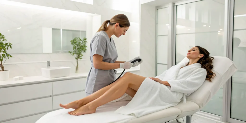 A technician performs laser hair removal on a woman's legs at a Sewickley clinic.