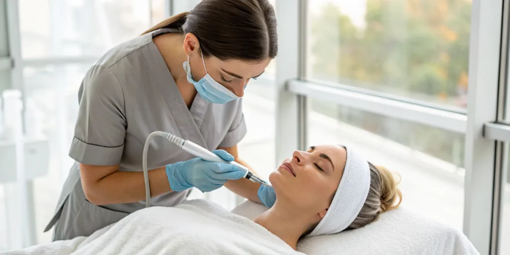 Esthetician performing a HydraFacial treatment in Sewickley for glowing skin.