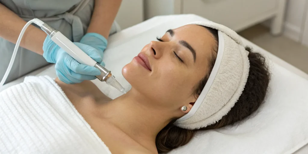 Woman receiving a HydraFacial treatment for glowing and hydrated skin.