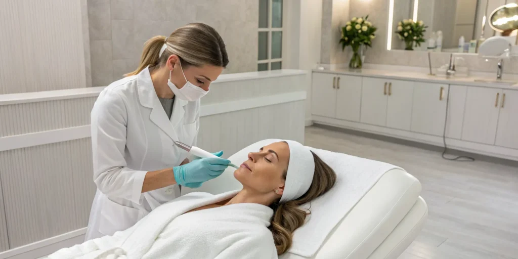 A woman receiving a medical facial from a professional in a skincare clinic.